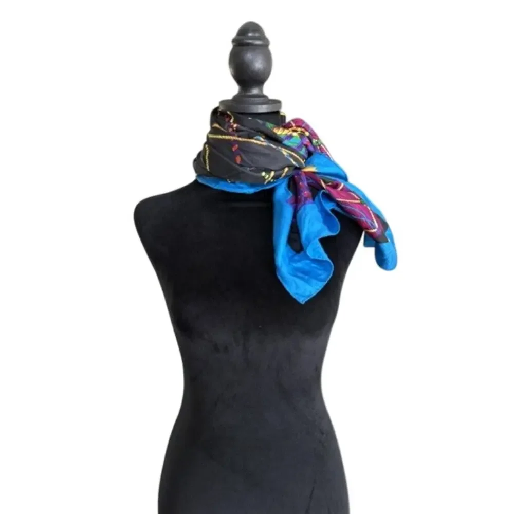 ECHO Scarf Blue Black Jewel Tone Print Vintage Style Career Equestrian